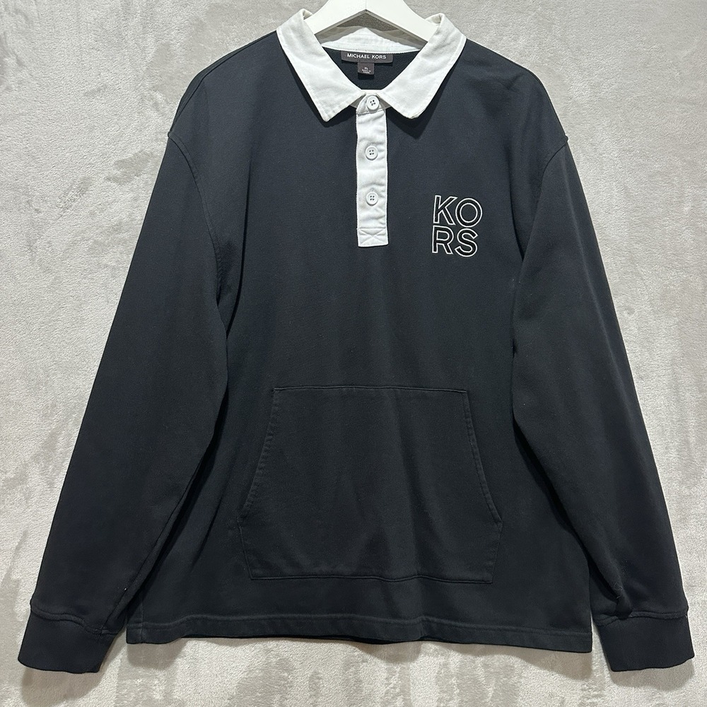 Michael Kors Rugby Polo Sweatshirt Men's XL Black Long Sleeve Collared Pocket
